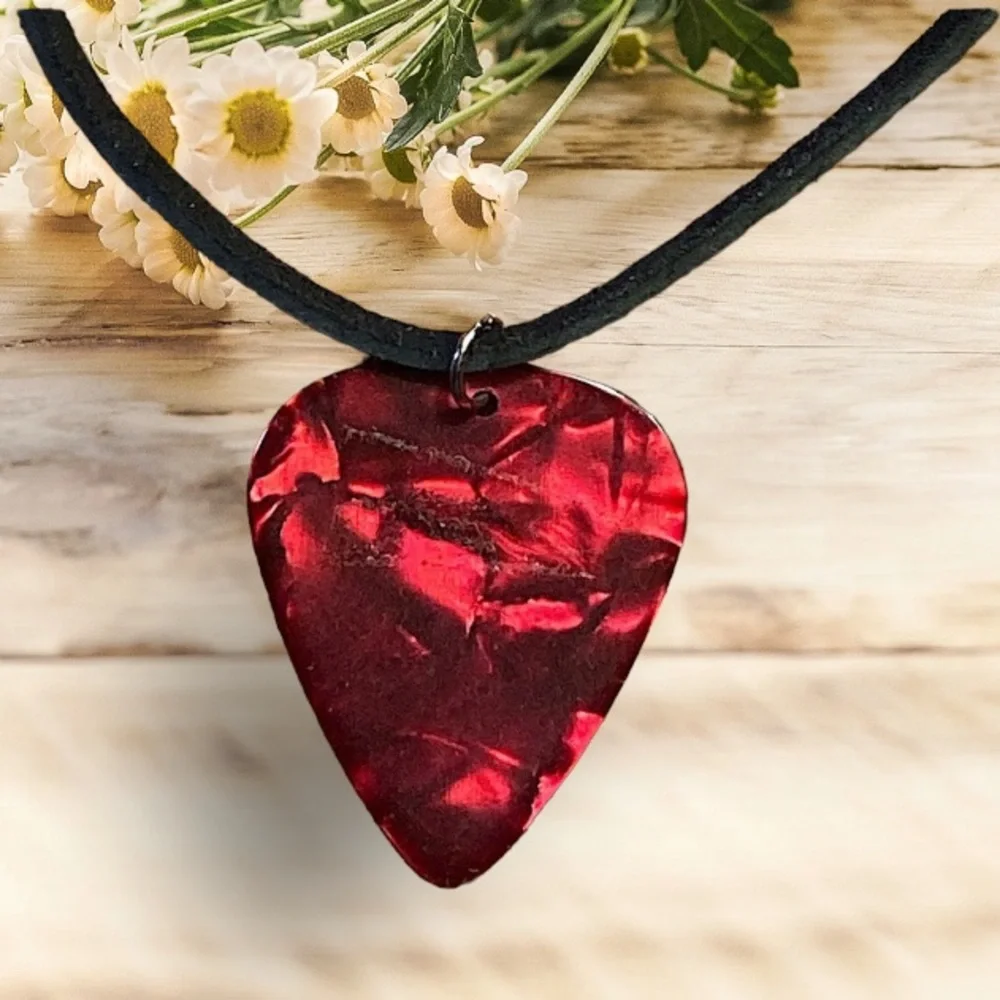Red Guitar Pick Necklace Suede Cord Pearlescent Unisex New